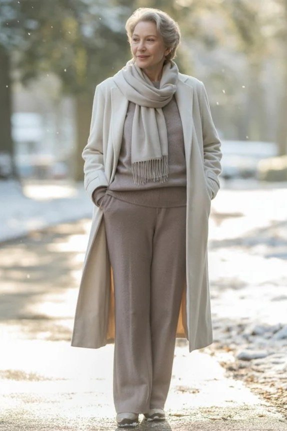 Trendy outfit for women over 70: cream coat + beige set