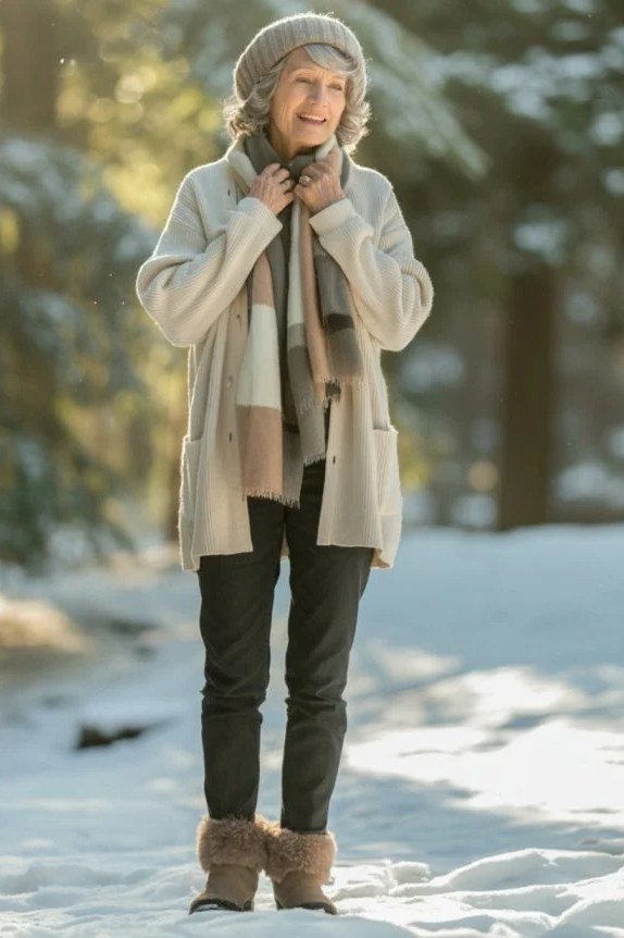 Trendy outfit for women over 70: cream coat + scarf, snow