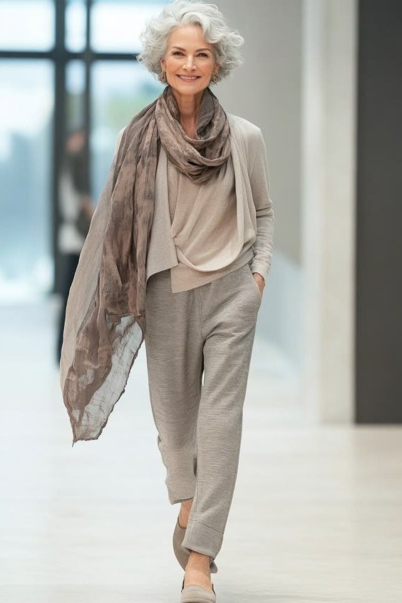 Trendy outfit for women over 70: taupe knit set + scarf