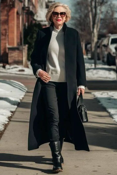 Trendy outfit for women over 70: black coat + cream sweater + black pants