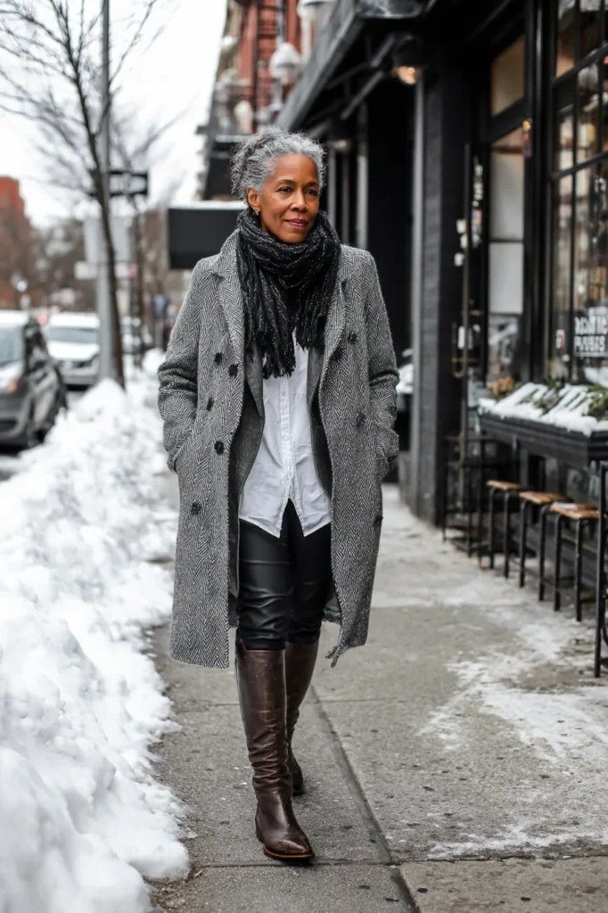 Trendy outfit for women over 70: grey coat + scarf + brown boots, snow