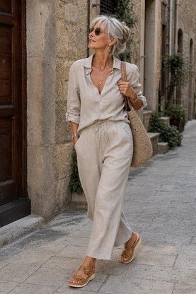 Trendy outfit for women over 70: beige linen shirt + wide-leg set, alley