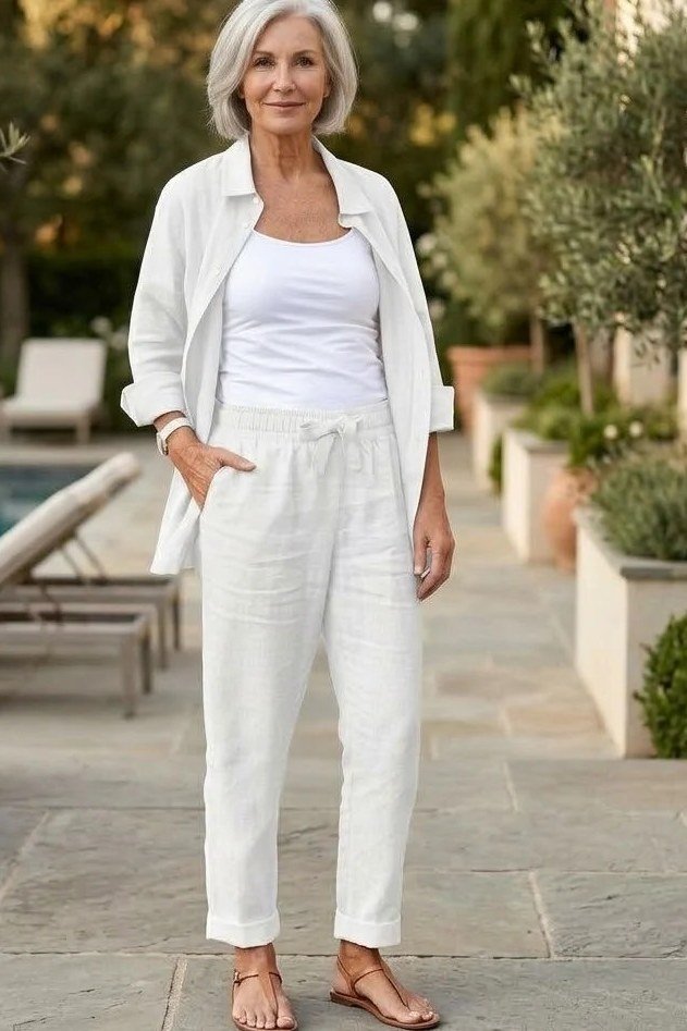 Trendy outfit for women over 70: white shirt + white tee + white wide-leg, pool