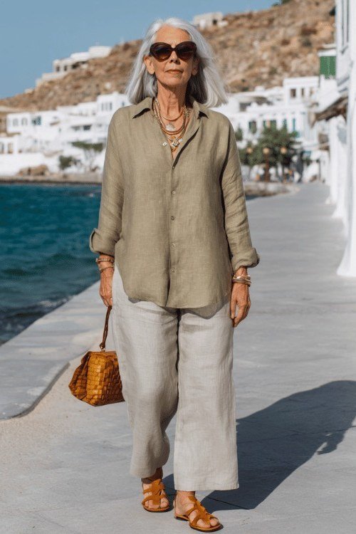 Trendy outfit for women over 70: olive shirt + grey wide-leg, seaside