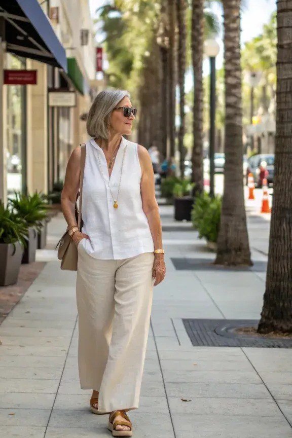 Trendy outfit for women over 70: white sleeveless top + beige pants, palm street