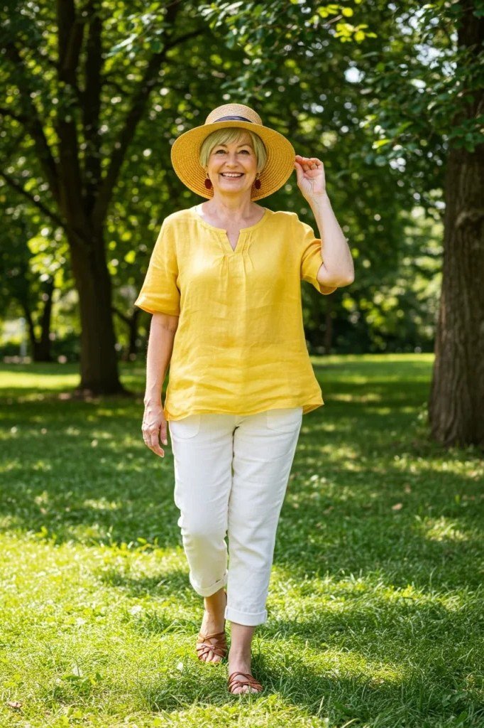 Trendy outfit for women over 70: yellow top + white capris + sunhat, grass