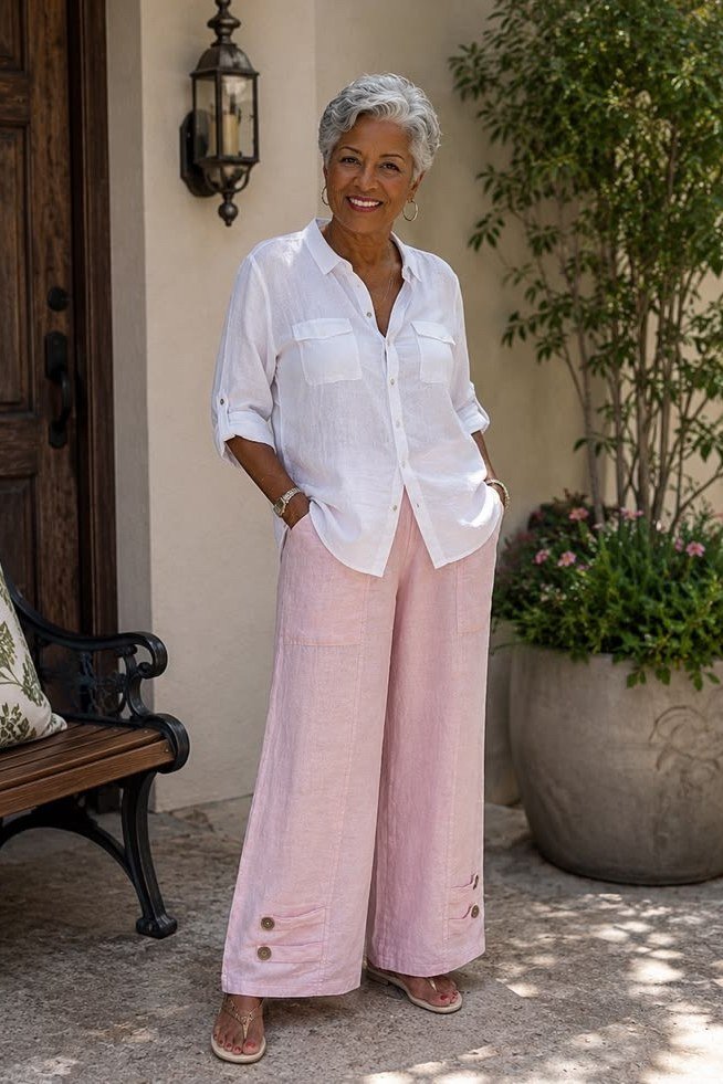 Trendy outfit for women over 70: white shirt + pink wide-leg pants