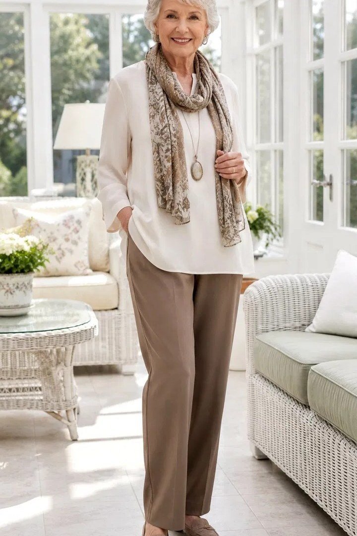 Trendy outfit for women over 70: cream sweater + brown wide-leg + scarf