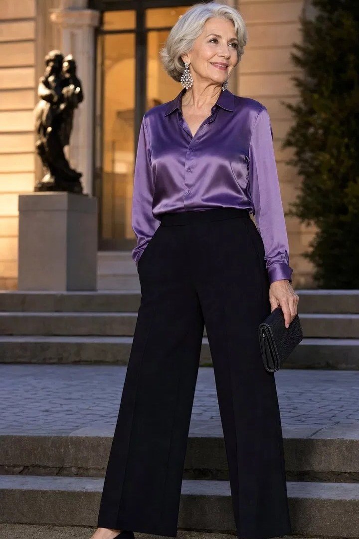 Trendy outfit for women over 70: purple silk blouse + black wide-leg