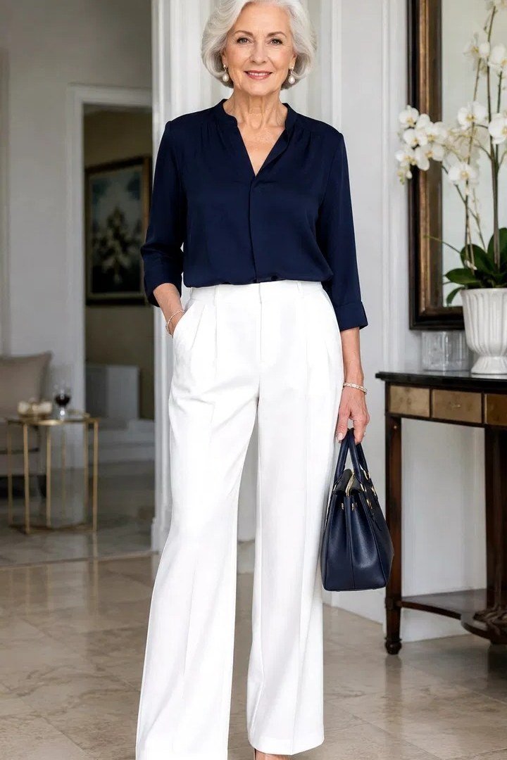 Trendy outfit for women over 70: navy blouse + white wide-leg