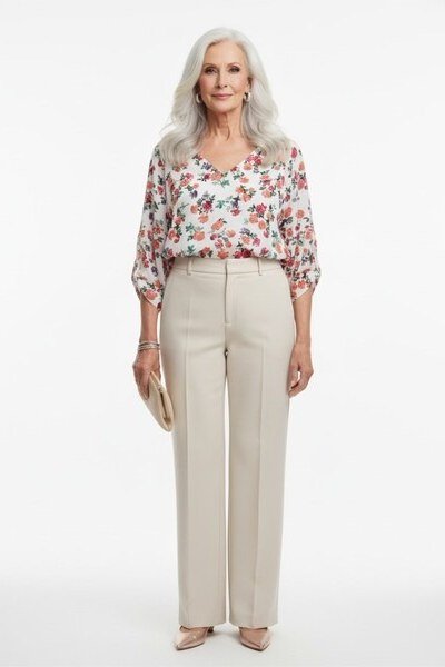 Trendy outfit for women over 70: floral blouse + cream wide-leg