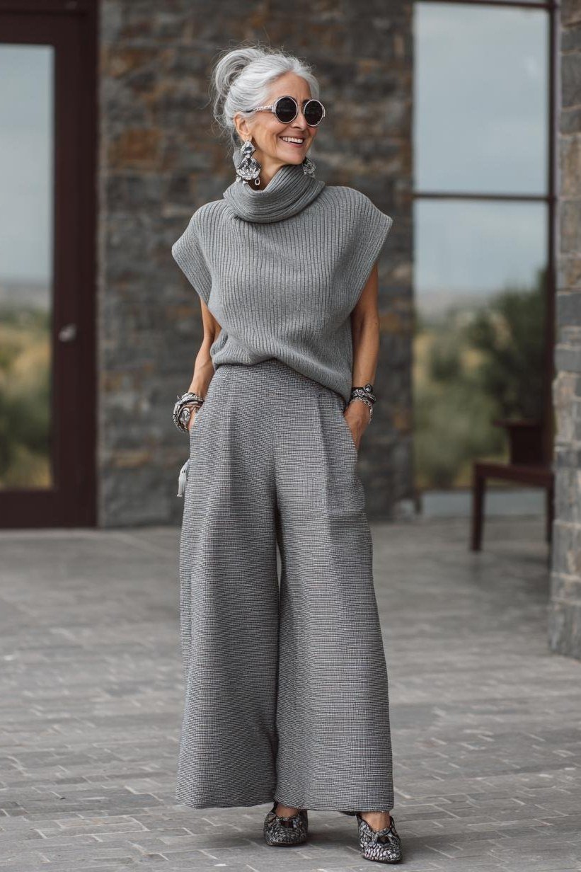 Trendy outfit for women over 70: grey knit sleeveless top + grey wide-leg