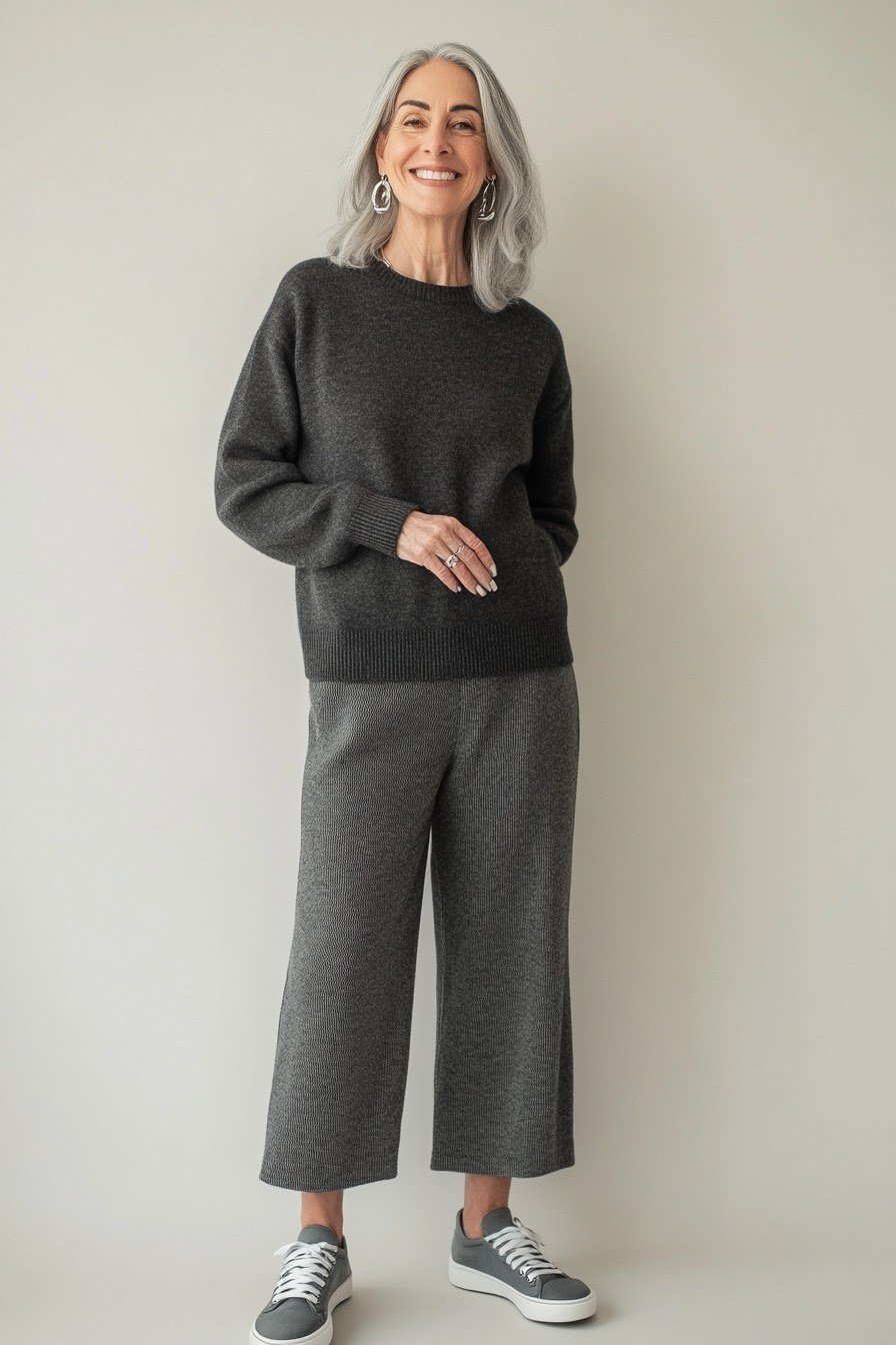 Trendy outfit for women over 70: charcoal sweater + grey wide-leg + sneakers