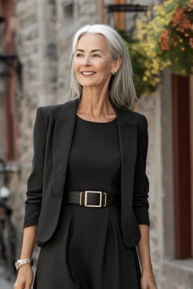 Trendy outfit for women over 70: black blazer + black dress + belt