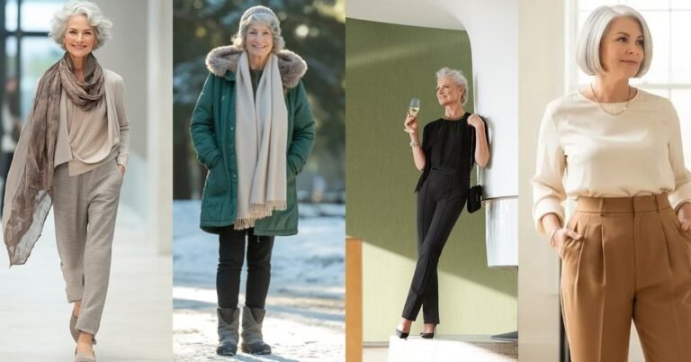 Trendy outfits for women over 70 collage: chic fall layers, neutrals, dresses and polished looks