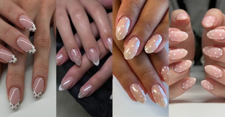 Collage of polka dot nude nail ideas for women over 50 - white, black, gold and red dot designs