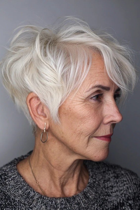 Textured white pixie, side profile - pixie haircut for women over 60