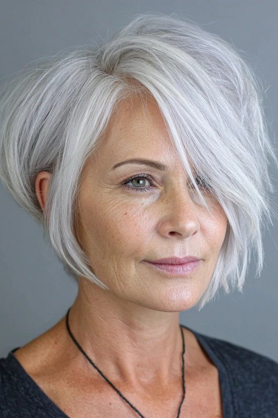 White pixie bob, front view - pixie haircut for women over 60