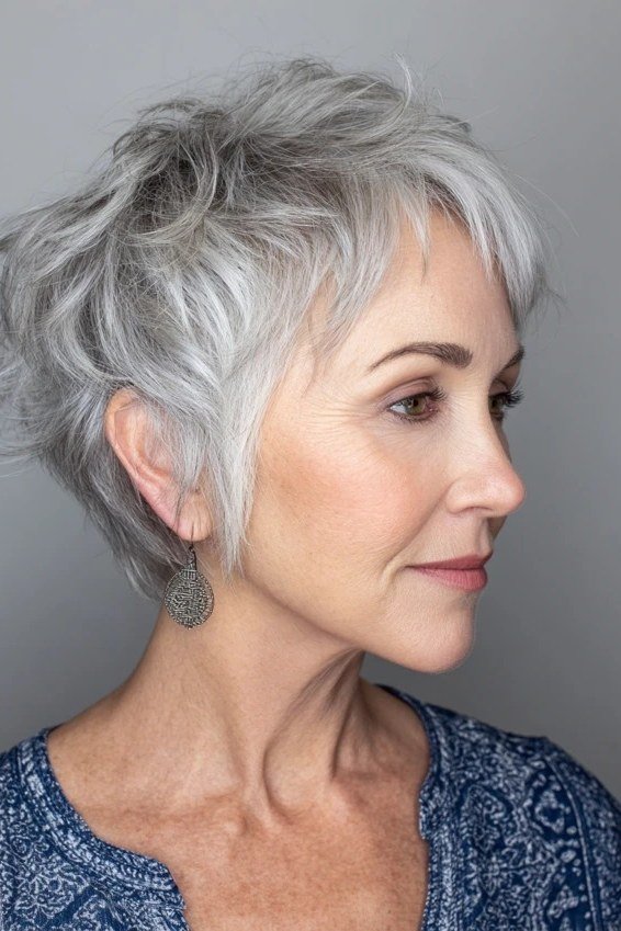 Silver textured pixie, side view - pixie haircut for women over 60