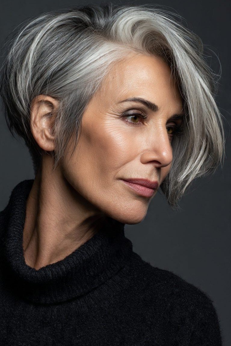 Silver-grey pixie, side view, dark background - pixie haircut for women over 60