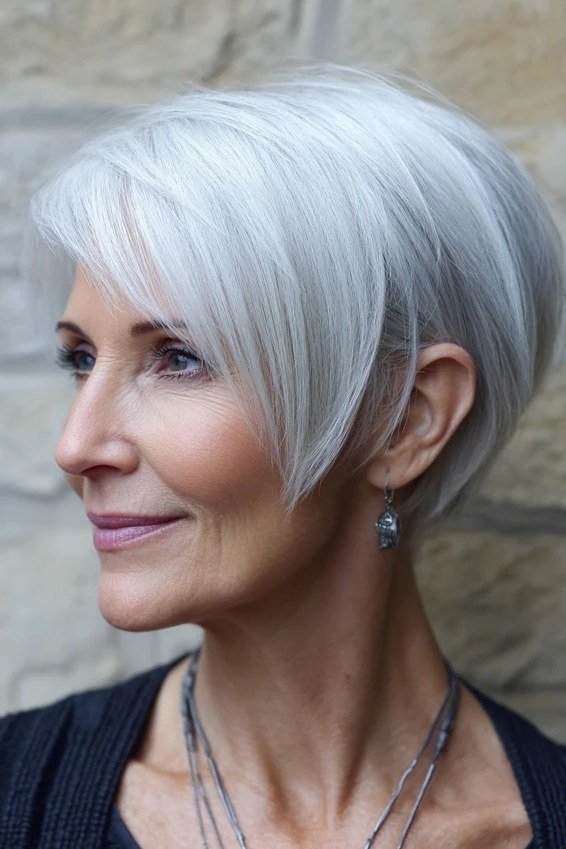 White pixie bob, side view smiling - pixie haircut for women over 60
