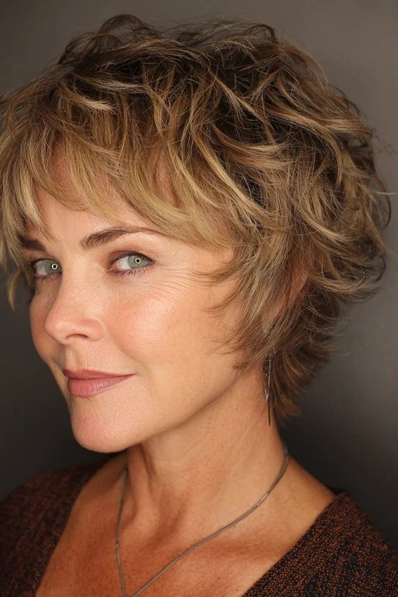 Curly brown pixie, three-quarter view - pixie haircut for women over 60