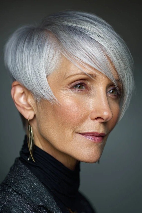 Silver pixie, front three-quarter view - pixie haircut for women over 60