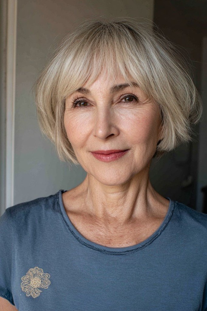 Blonde bob, front view - pixie haircut for women over 60