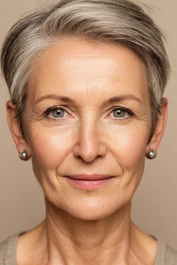 Silver pixie, front view - pixie haircut for women over 60