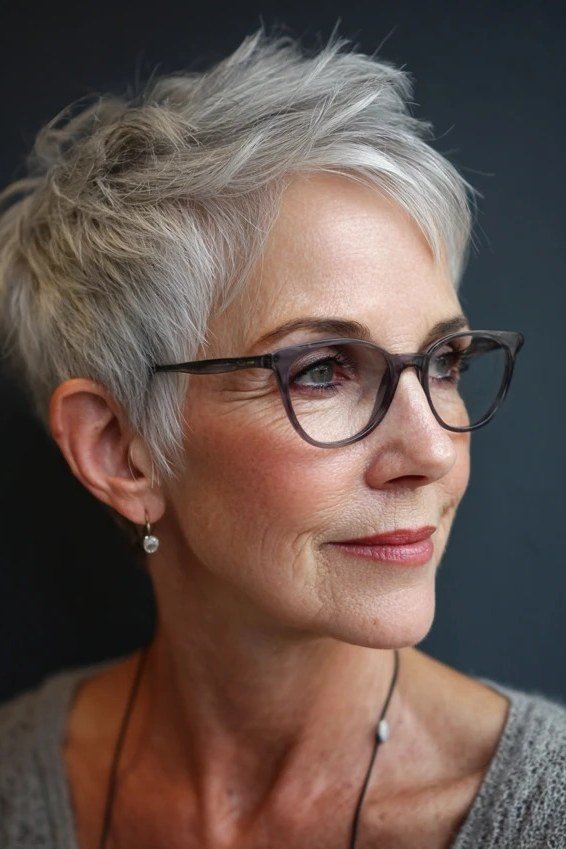 Silver pixie with black glasses, side view - pixie haircut for women over 60