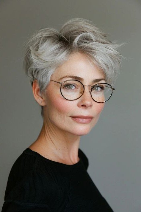 Silver pixie with round glasses, front view - pixie haircut for women over 60