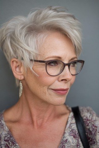 Silver pixie with black glasses, three-quarter view - pixie haircut for women over 60