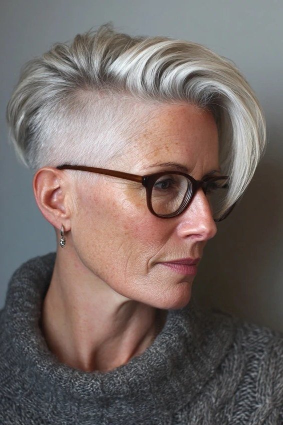 Silver pixie with glasses, side profile - pixie haircut for women over 60