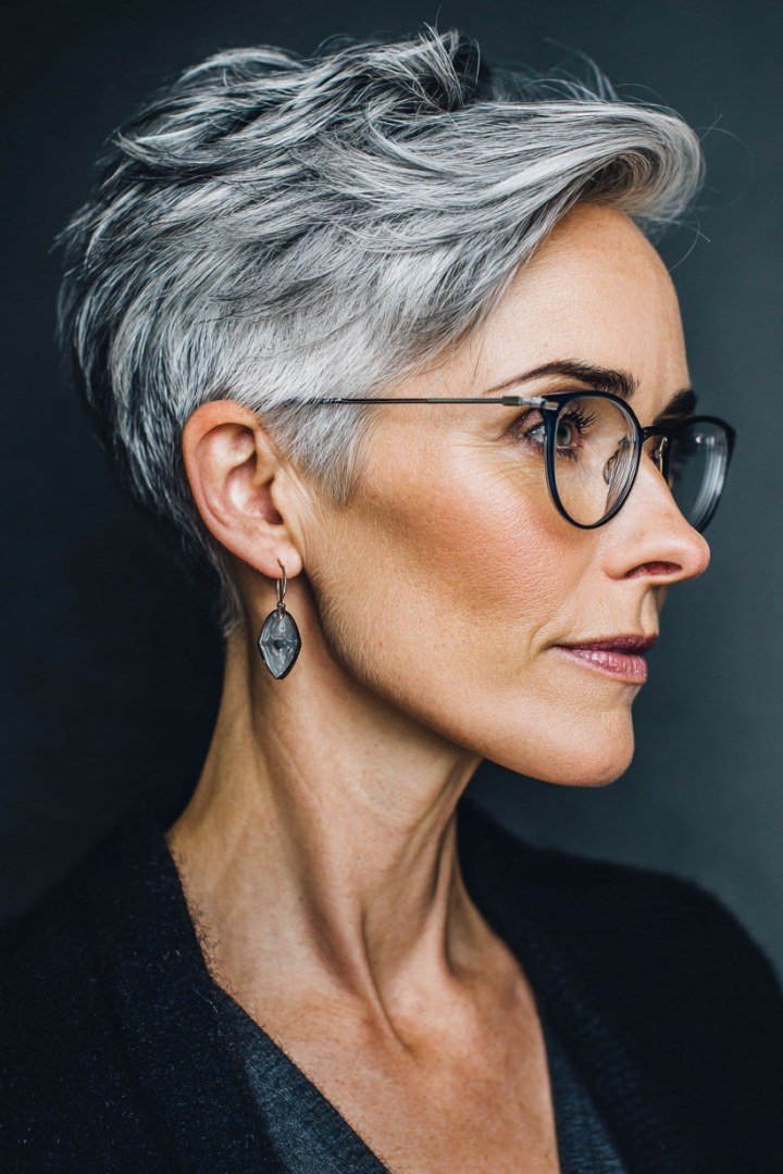 Salt and pepper pixie with black glasses, side view - pixie haircut for women over 60