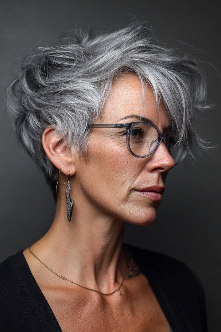 Grey pixie with glasses, three-quarter view - pixie haircut for women over 60