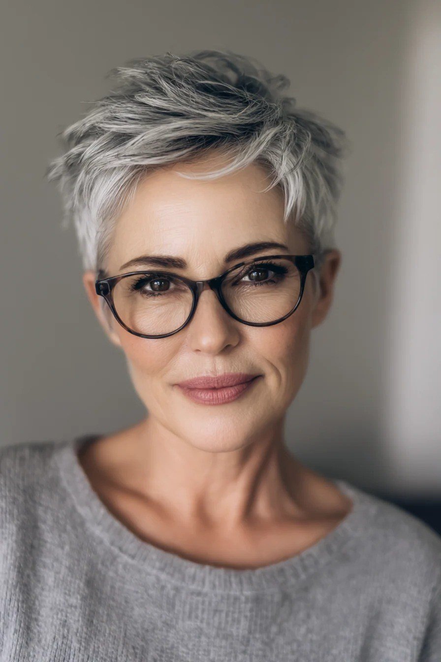 Silver pixie with black glasses, front view - pixie haircut for women over 60