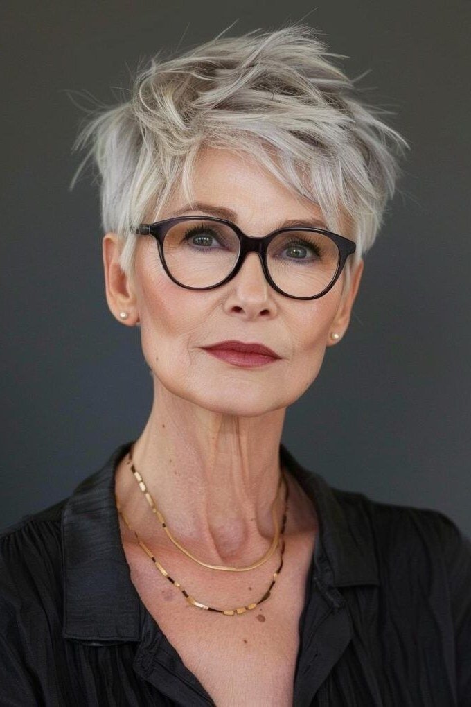 White pixie with black glasses, front view - pixie haircut for women over 60