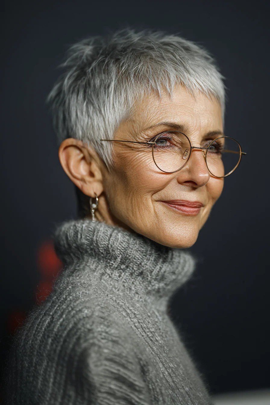 Silver pixie with round glasses, smiling - pixie haircut for women over 60