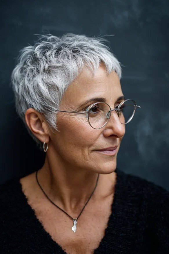 Silver pixie with round glasses, side view - pixie haircut for women over 60