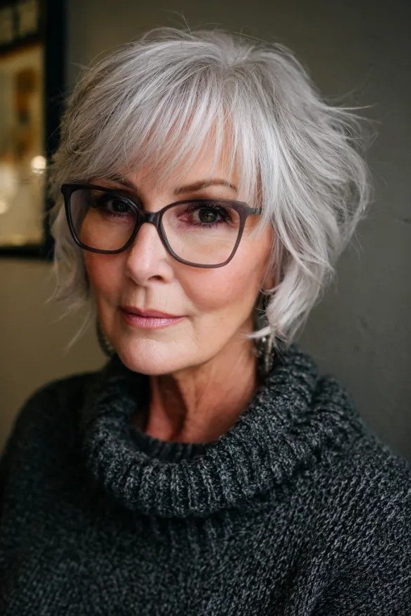 Shaggy grey pixie with black glasses, front view - pixie haircut for women over 60