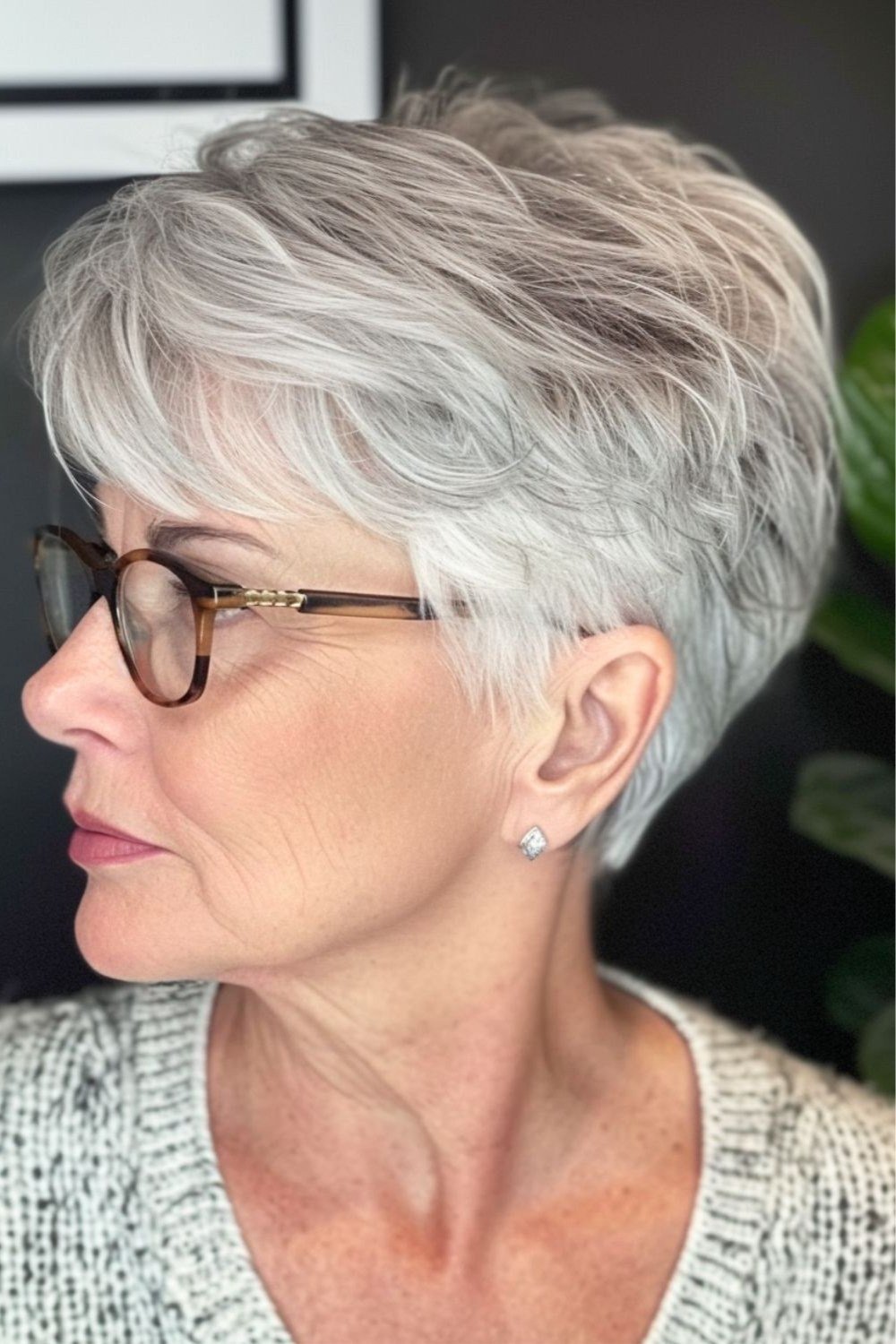 Silver pixie with glasses, side view - pixie haircut for women over 60