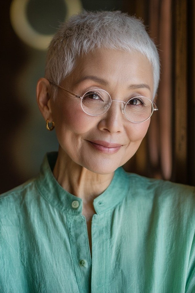 Short grey pixie with round glasses, smiling - pixie haircut for women over 60