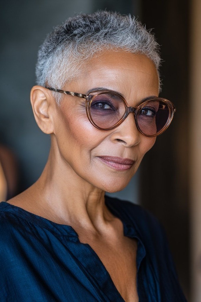 Grey pixie with tinted glasses, elegant dark-skinned woman - pixie haircut for women over 60