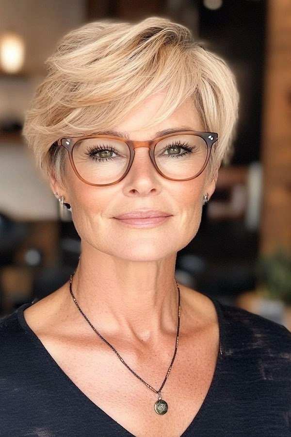 Blonde pixie with tortoise glasses, front view - pixie haircut for women over 60