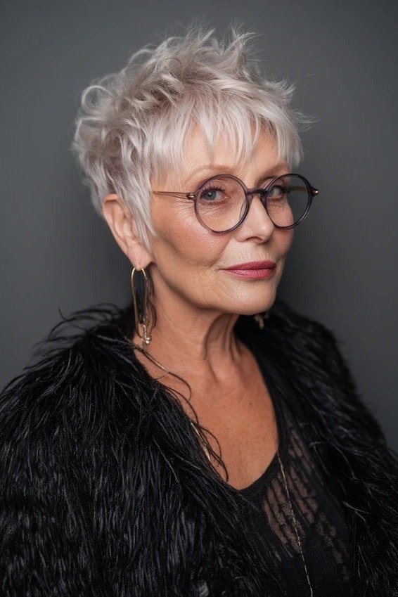 White spiky pixie with round glasses - pixie haircut for women over 60