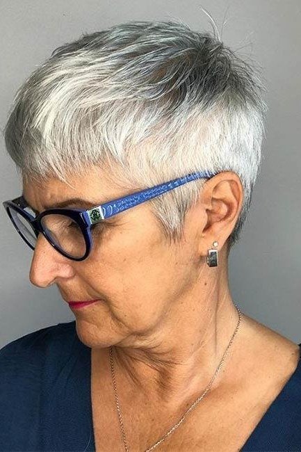 White pixie with blue glasses, side view - pixie haircut for women over 60