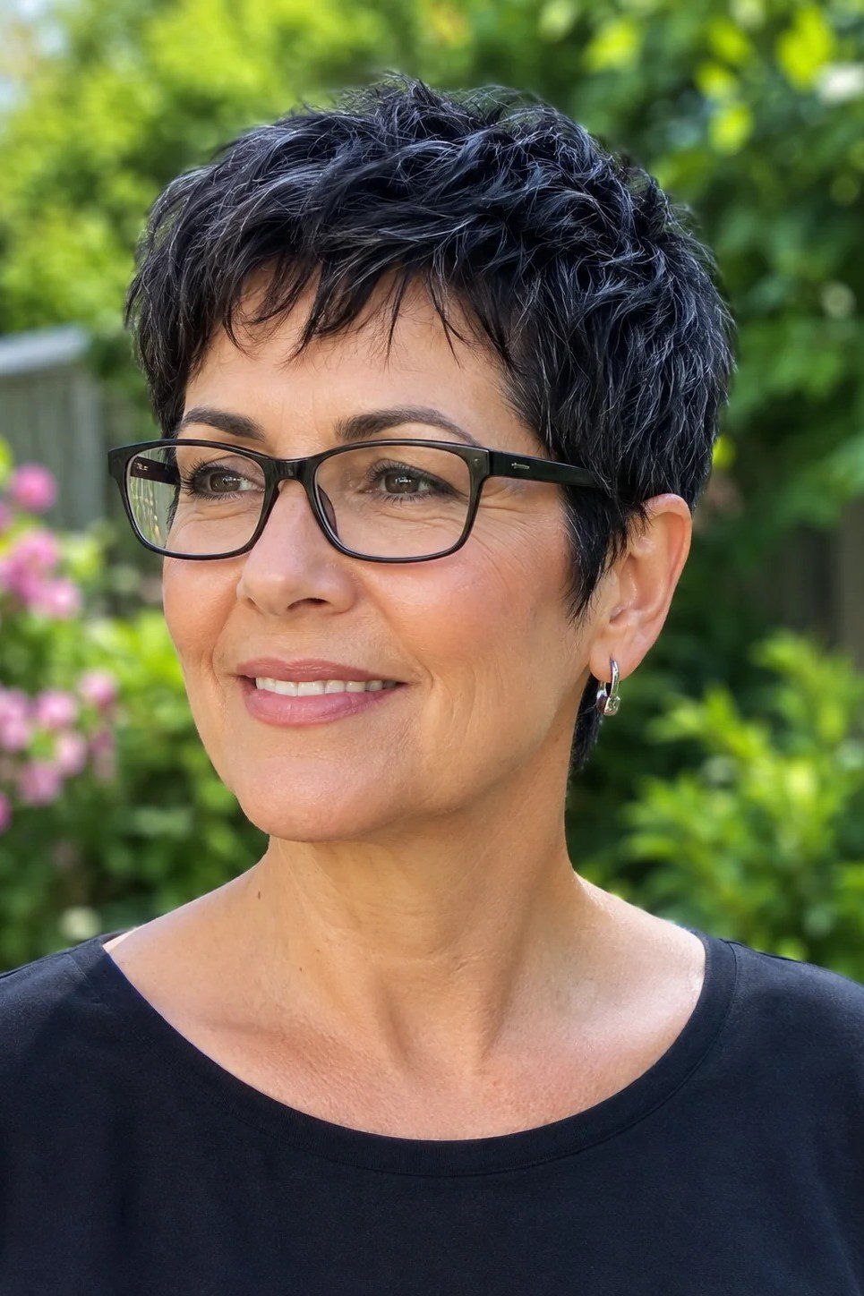 Dark pixie with black glasses, front view - pixie haircut for women over 60