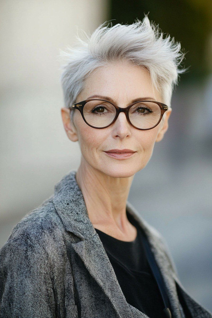 White spiky pixie with brown glasses, front view - pixie haircut for women over 60