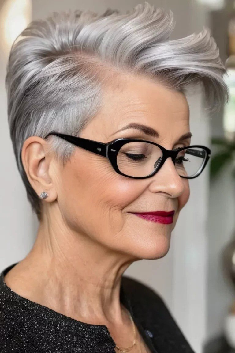 Silver quiff pixie with black glasses, side view - pixie haircut for women over 60
