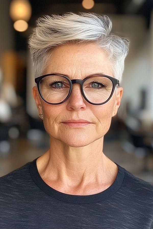 Silver pixie with black round glasses, front view - pixie haircut for women over 60